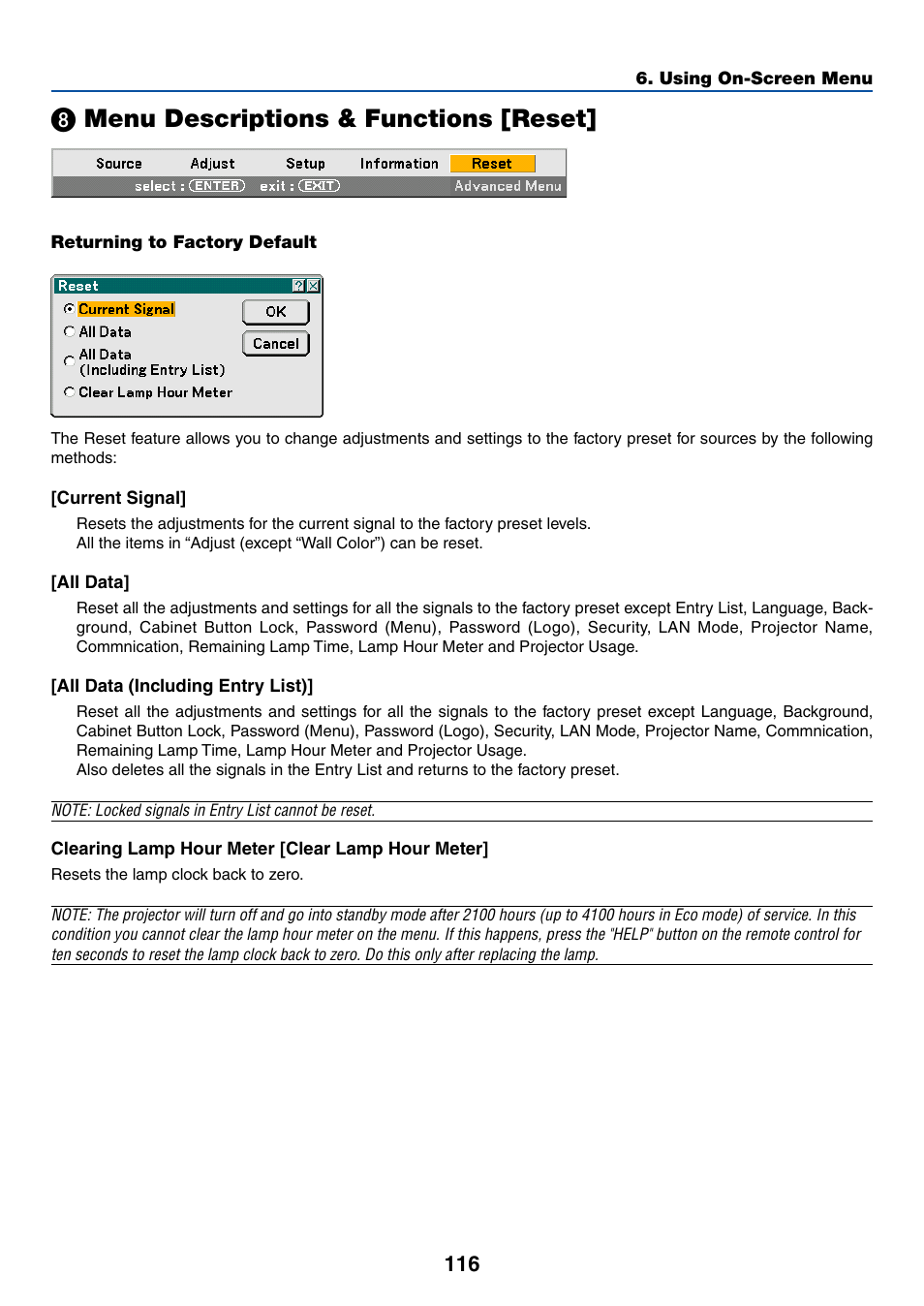 8) menu descriptions & functions [reset, º menu descriptions & functions [reset, ᕨ menu descriptions & functions [reset | NEC LT265 User Manual | Page 123 / 145