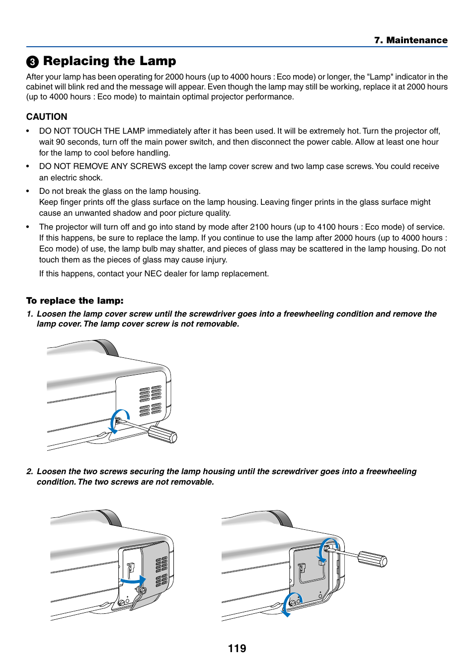 3) replacing the lamp, Replacing the lamp, ᕣ replacing the lamp | NEC LT265 User Manual | Page 126 / 145