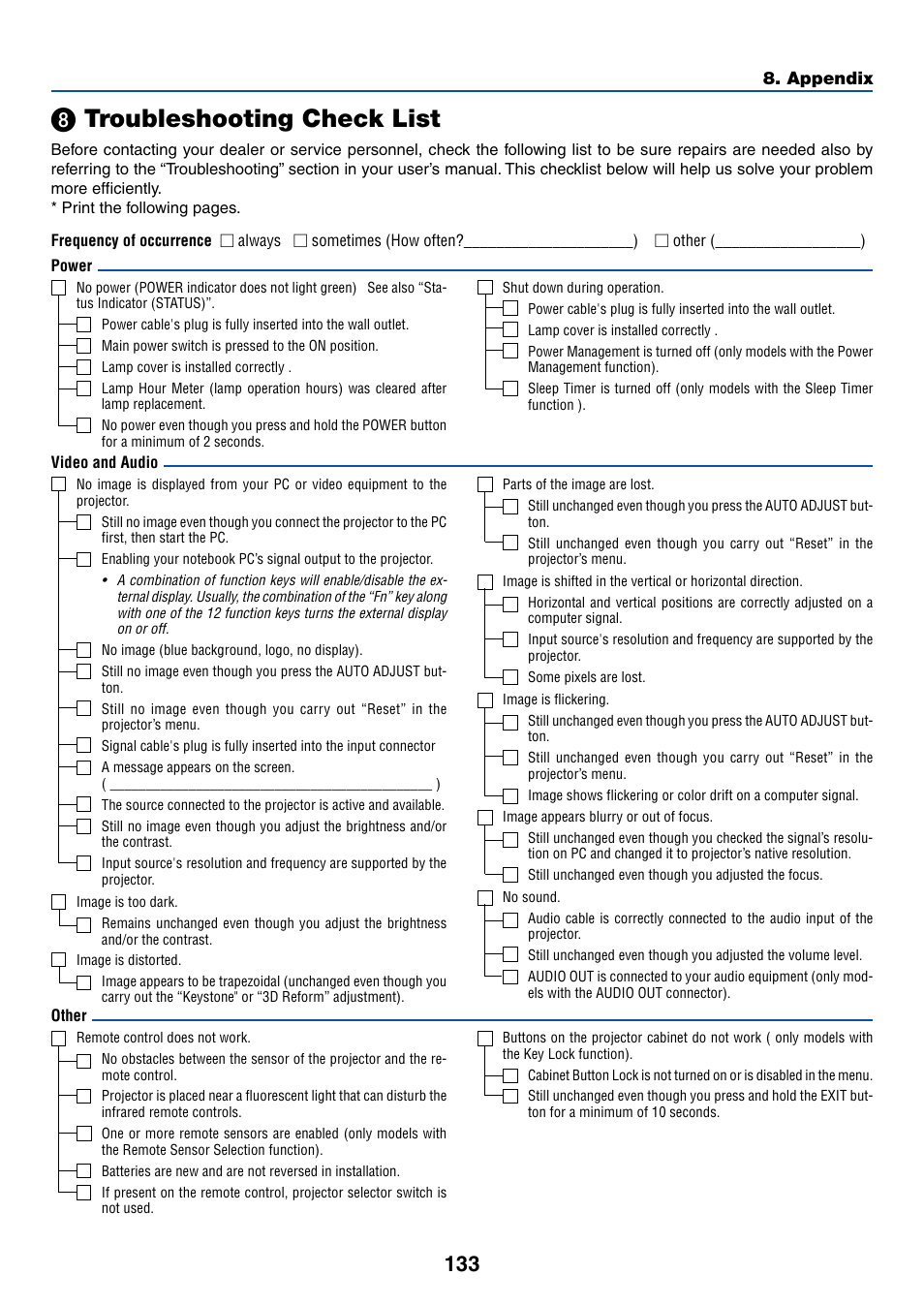 8) troubleshooting check list, ᕨ troubleshooting check list, º troubleshooting check list | NEC LT265 User Manual | Page 140 / 145