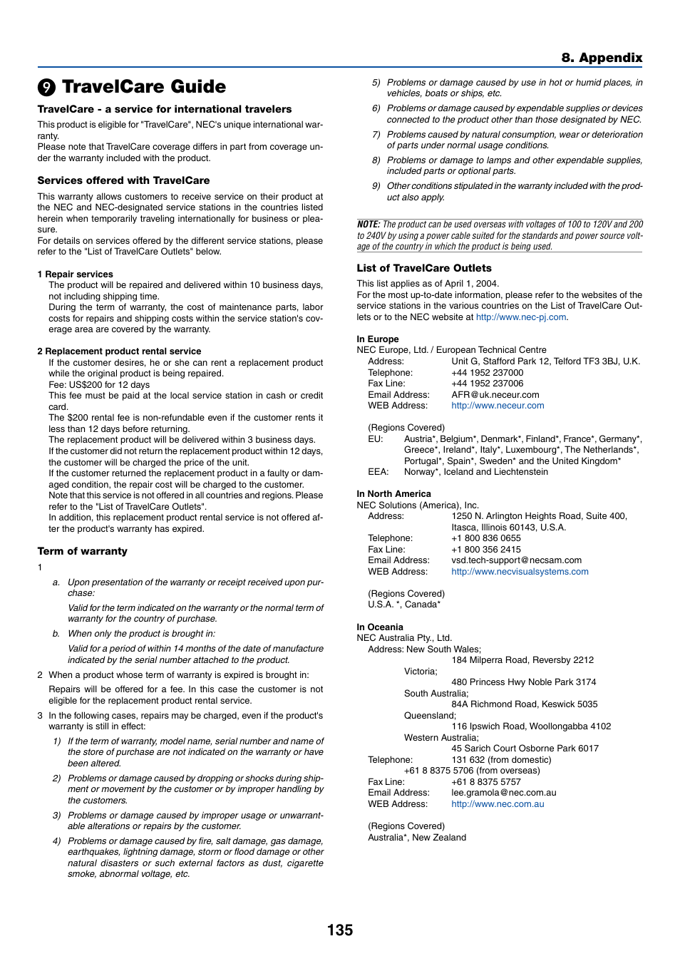 9) travelcare guide, Travelcare guide, Appendix | NEC LT265 User Manual | Page 142 / 145