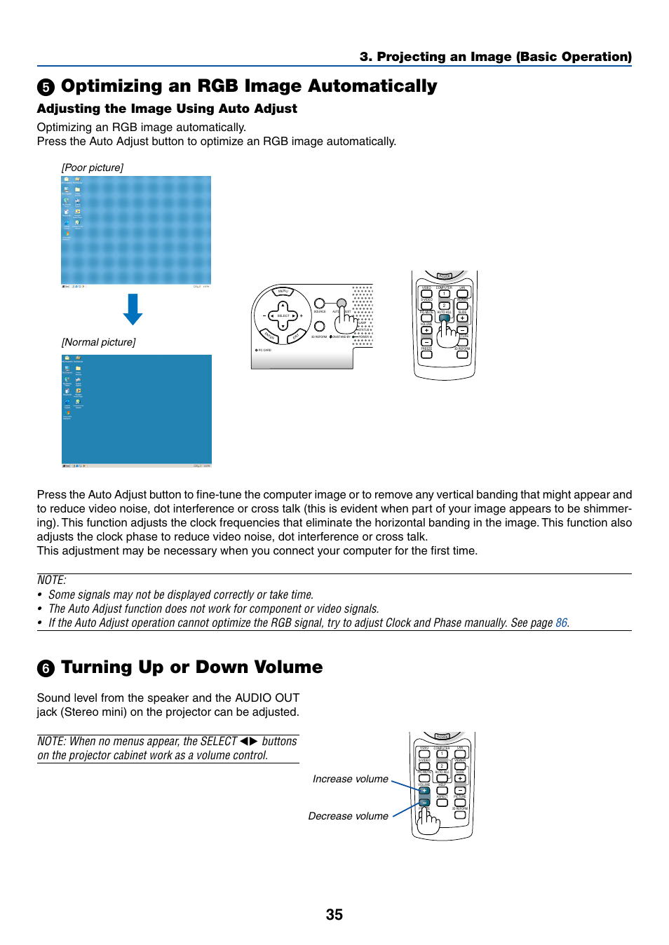 5) optimizing an rgb image automatically, 6) turning up or down volume, Optimizing an rgb image automatically | Turning up or down volume, ᕥ optimizing an rgb image automatically, ᕦ turning up or down volume, Projecting an image (basic operation), Adjusting the image using auto adjust, Poor picture] [normal picture, Increase volume decrease volume | NEC LT265 User Manual | Page 42 / 145