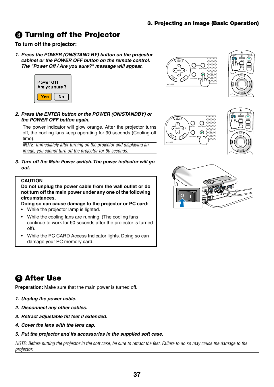 8) turning off the projector, 9) after use, º turning off the projector ¾ after use | º turning off the projector, After use | NEC LT265 User Manual | Page 44 / 145