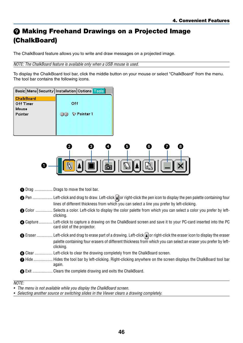 Making freehand drawings, On a projected image (chalkboard) | NEC LT265 User Manual | Page 53 / 145