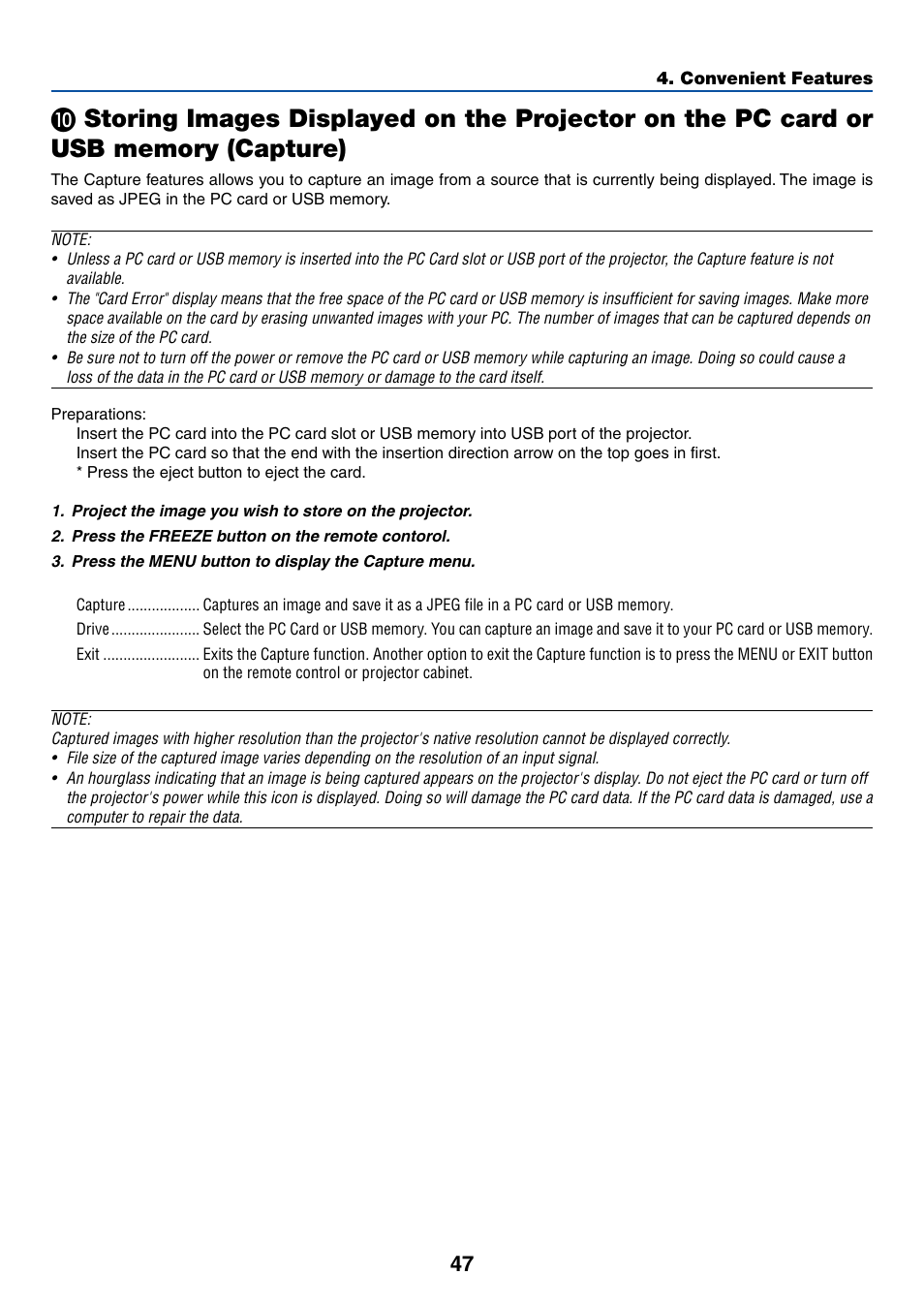 Μ storing images displayed on the projector, On the pc card or usb memory (capture), For more information | NEC LT265 User Manual | Page 54 / 145