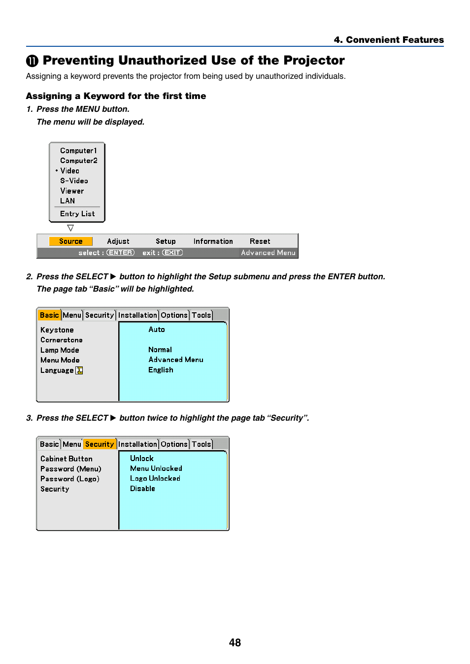 11) preventing unauthorized use of the projector, Preventing unauthorized use of the projector, For more details | NEC LT265 User Manual | Page 55 / 145