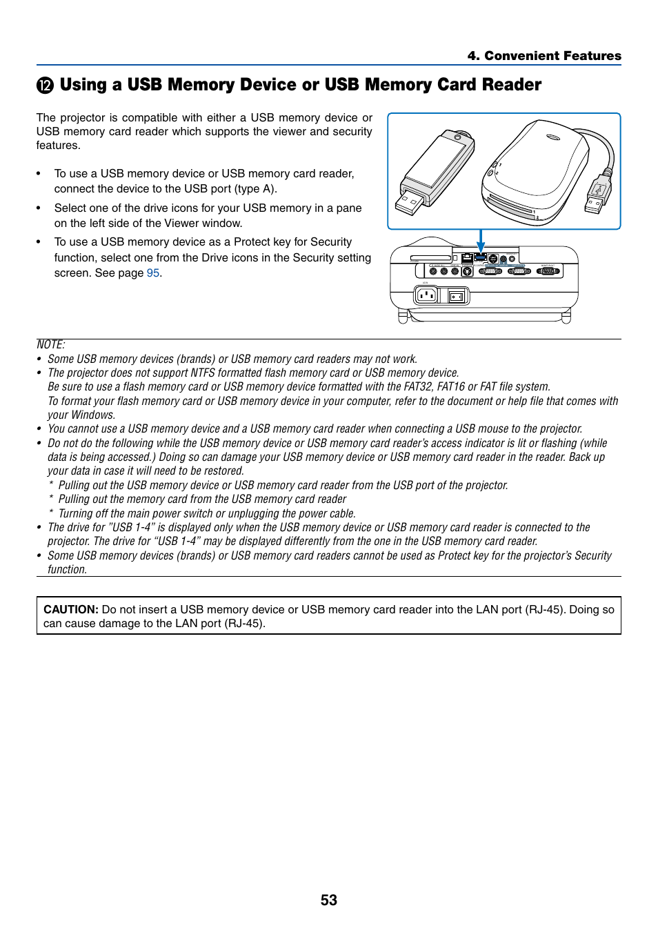 Using a usb memory device or, Usb memory card reader, Convenient features | NEC LT265 User Manual | Page 60 / 145