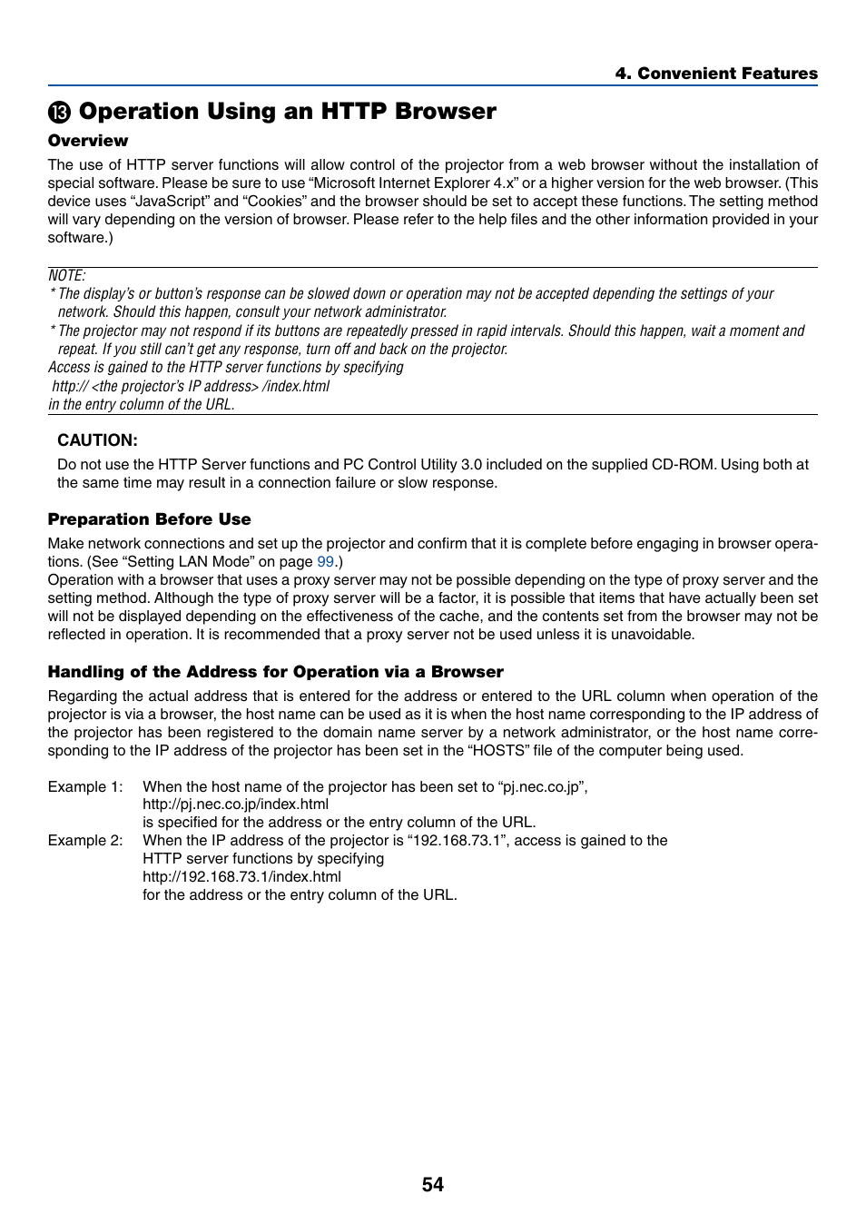 13) operation using an http browser, Ƹ operation using an http browser | NEC LT265 User Manual | Page 61 / 145
