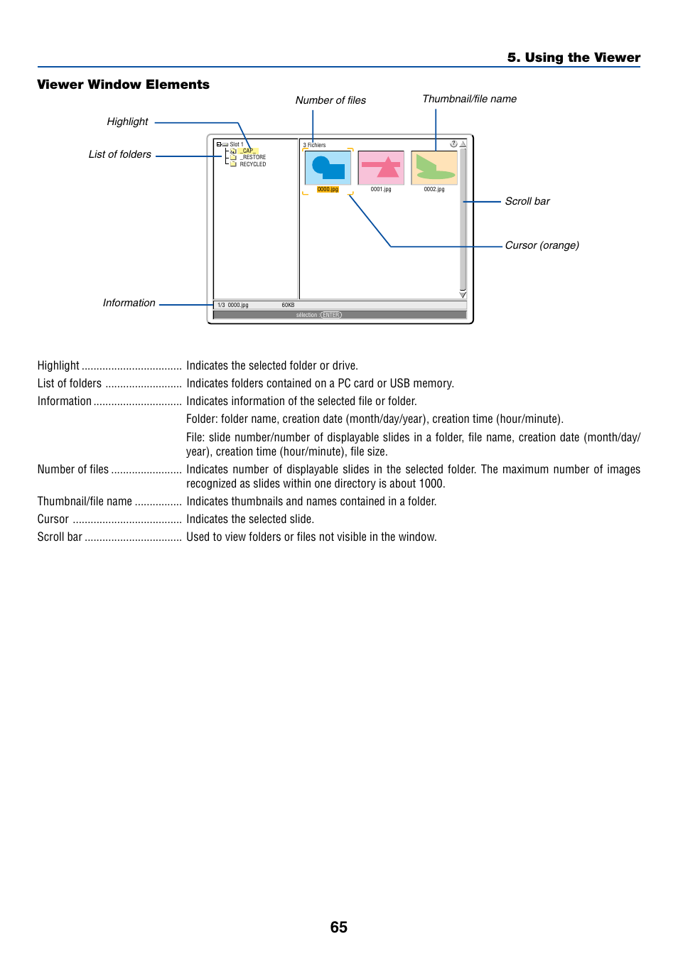 Using the viewer, Viewer window elements | NEC LT265 User Manual | Page 72 / 145