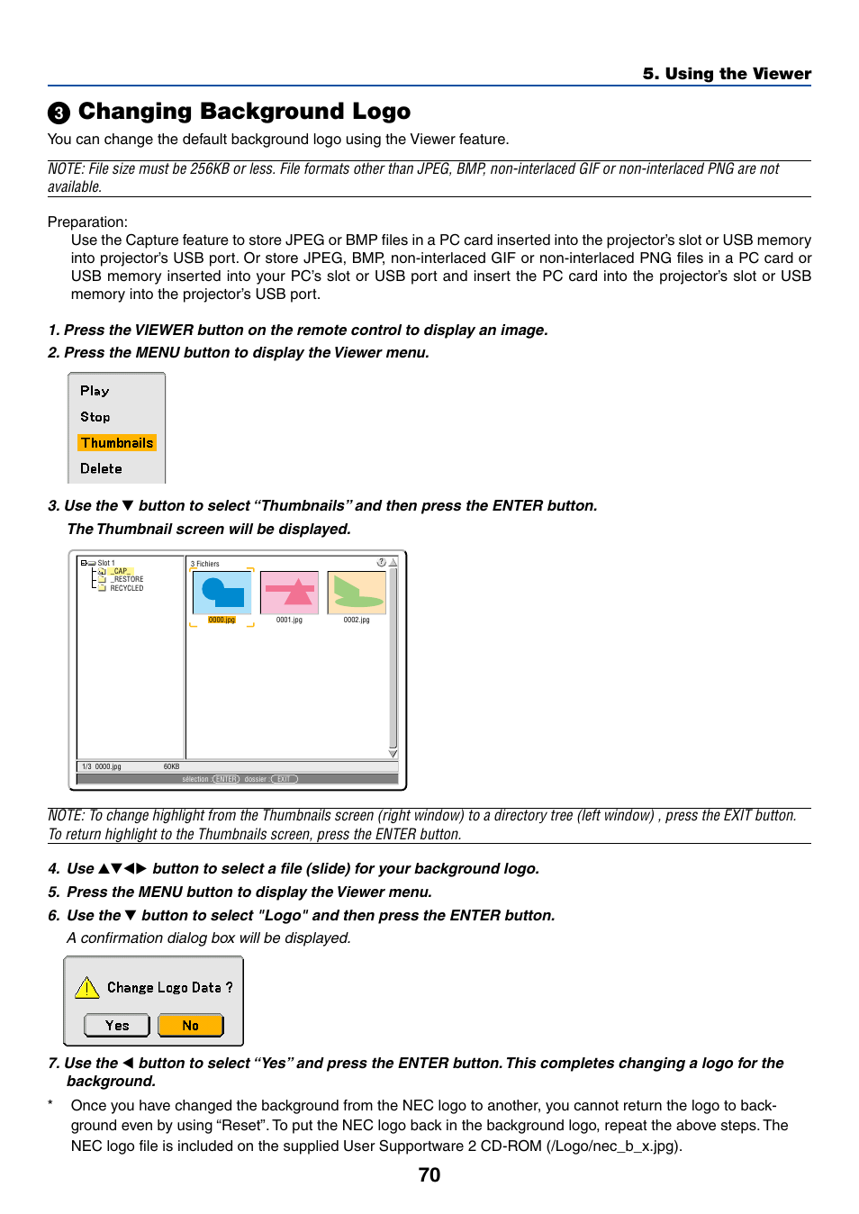 3) changing background logo, Changing background logo, ᕣ changing background logo | NEC LT265 User Manual | Page 77 / 145