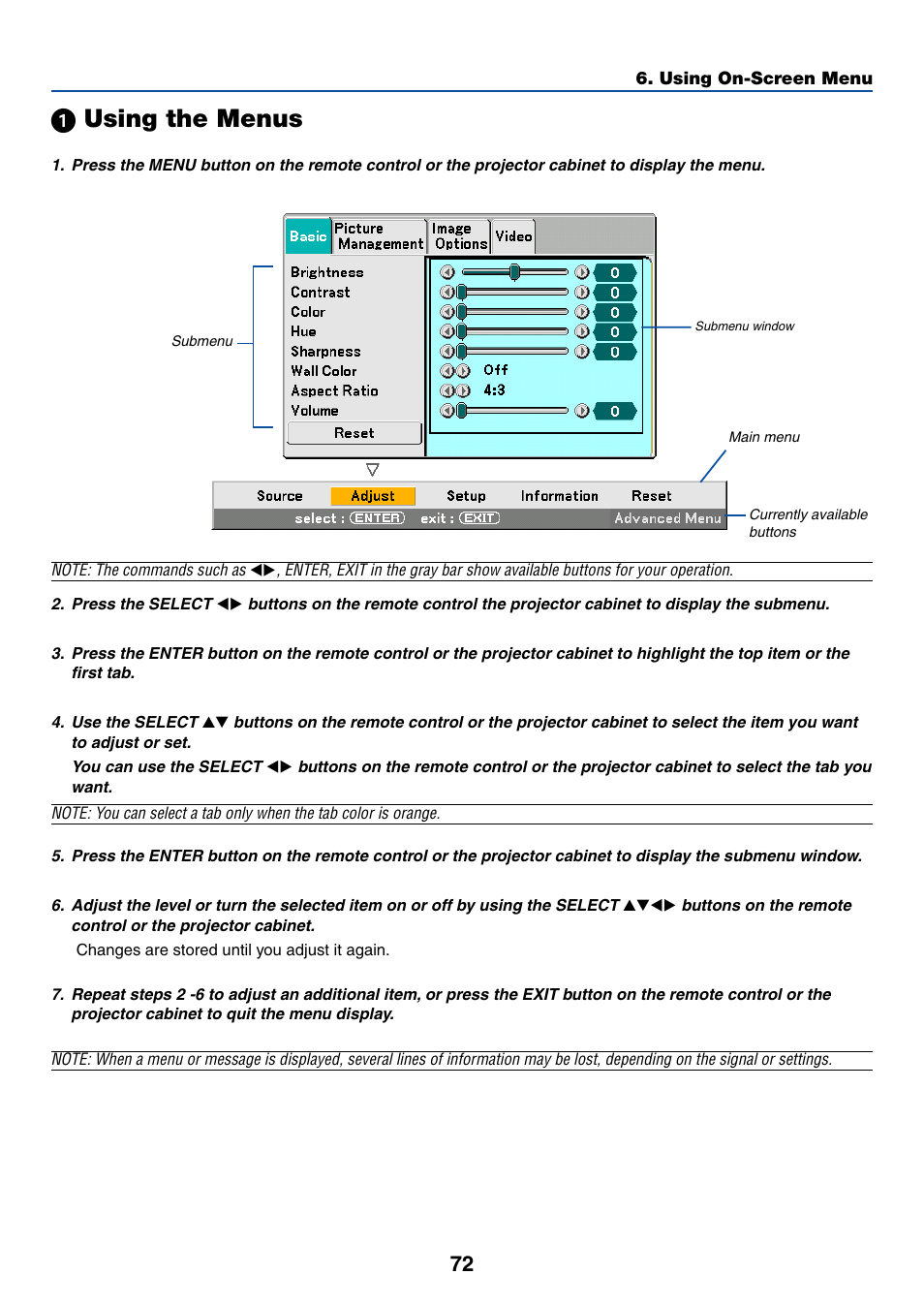 1) using the menus, ᕡ using the menus | NEC LT265 User Manual | Page 79 / 145