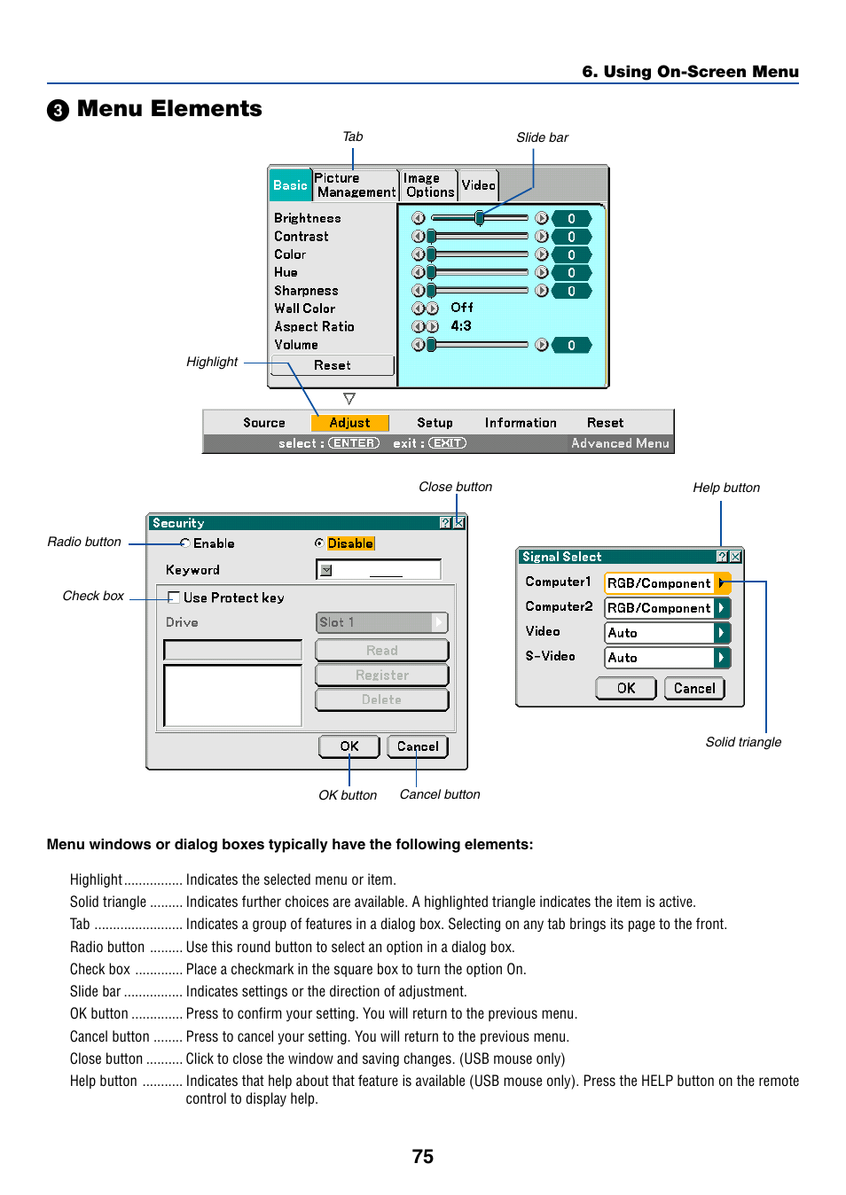 3) menu elements, ᕣ menu elements | NEC LT265 User Manual | Page 82 / 145