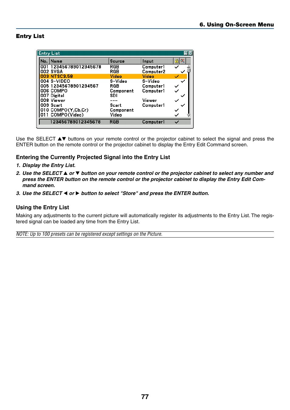 Entry list | NEC LT265 User Manual | Page 84 / 145