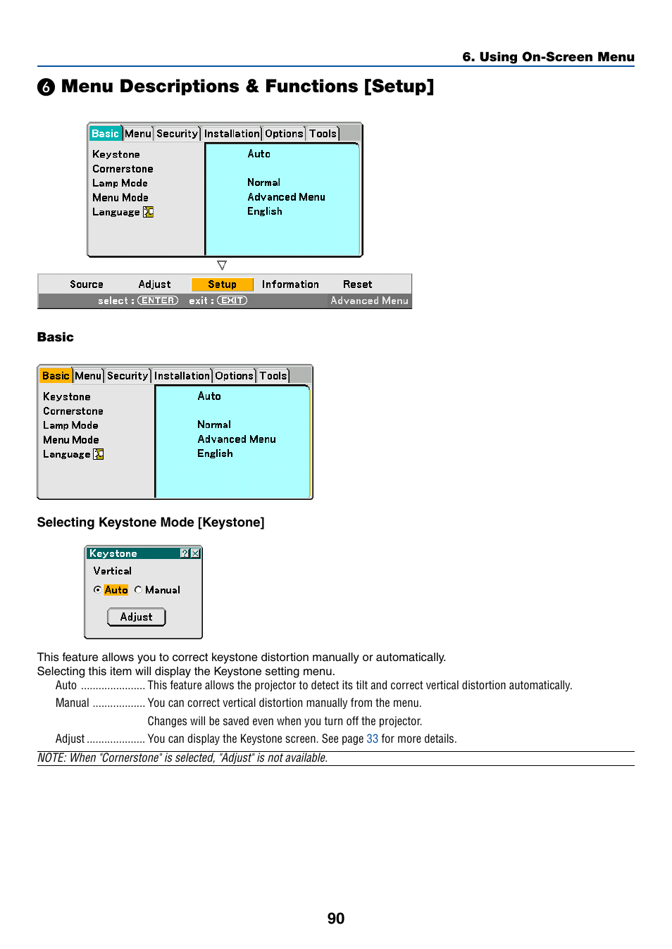 6) menu descriptions & functions [setup, Basic, Menu descriptions & functions [setup | For selecting "manual" in "keystone, ᕦ menu descriptions & functions [setup | NEC LT265 User Manual | Page 97 / 145