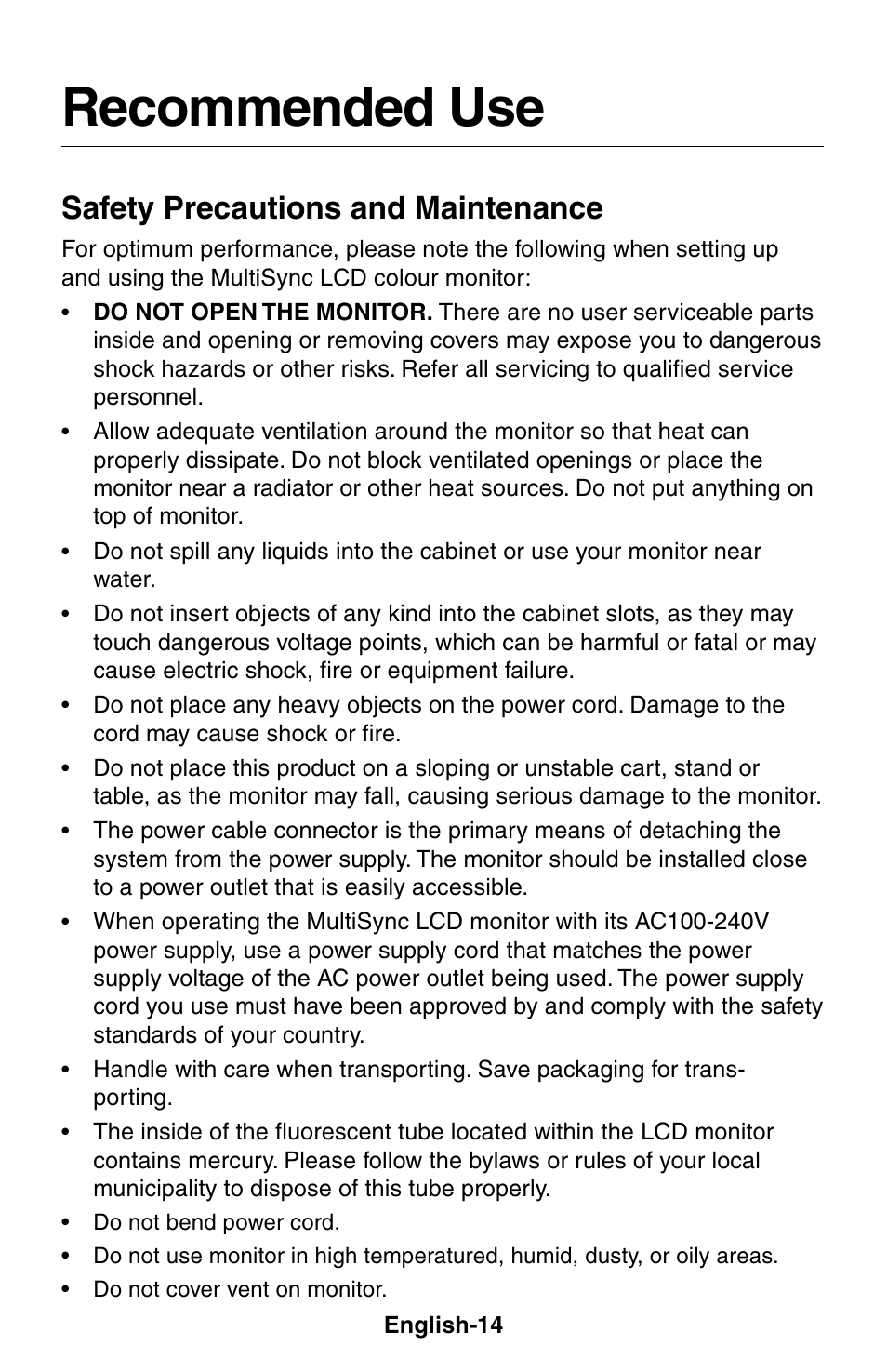 Recommended use, Safety precautions and maintenance | NEC LCD1525X User Manual | Page 15 / 30