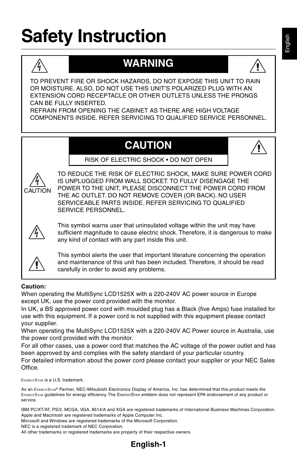 Safety instruction, Caution warning, English-1 | NEC LCD1525X User Manual | Page 2 / 30