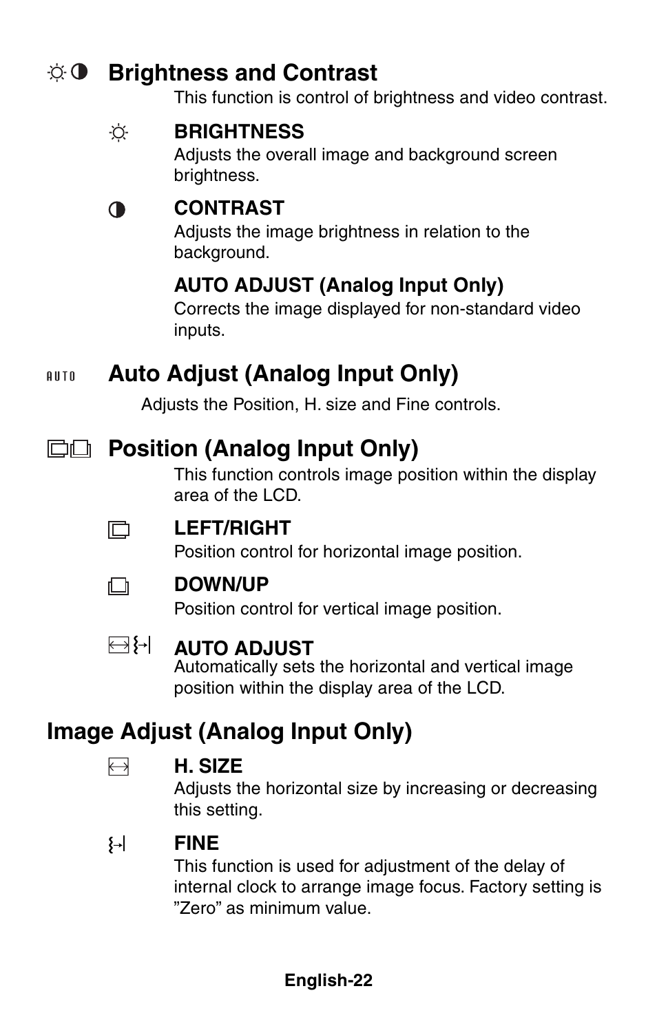 Brightness and contrast, Auto adjust (analog input only), Position (analog input only) | Image adjust (analog input only) | NEC LCD1525X User Manual | Page 23 / 30