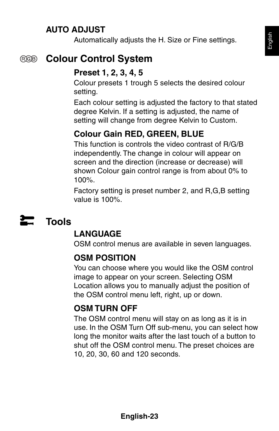 Colour control system, Tools | NEC LCD1525X User Manual | Page 24 / 30