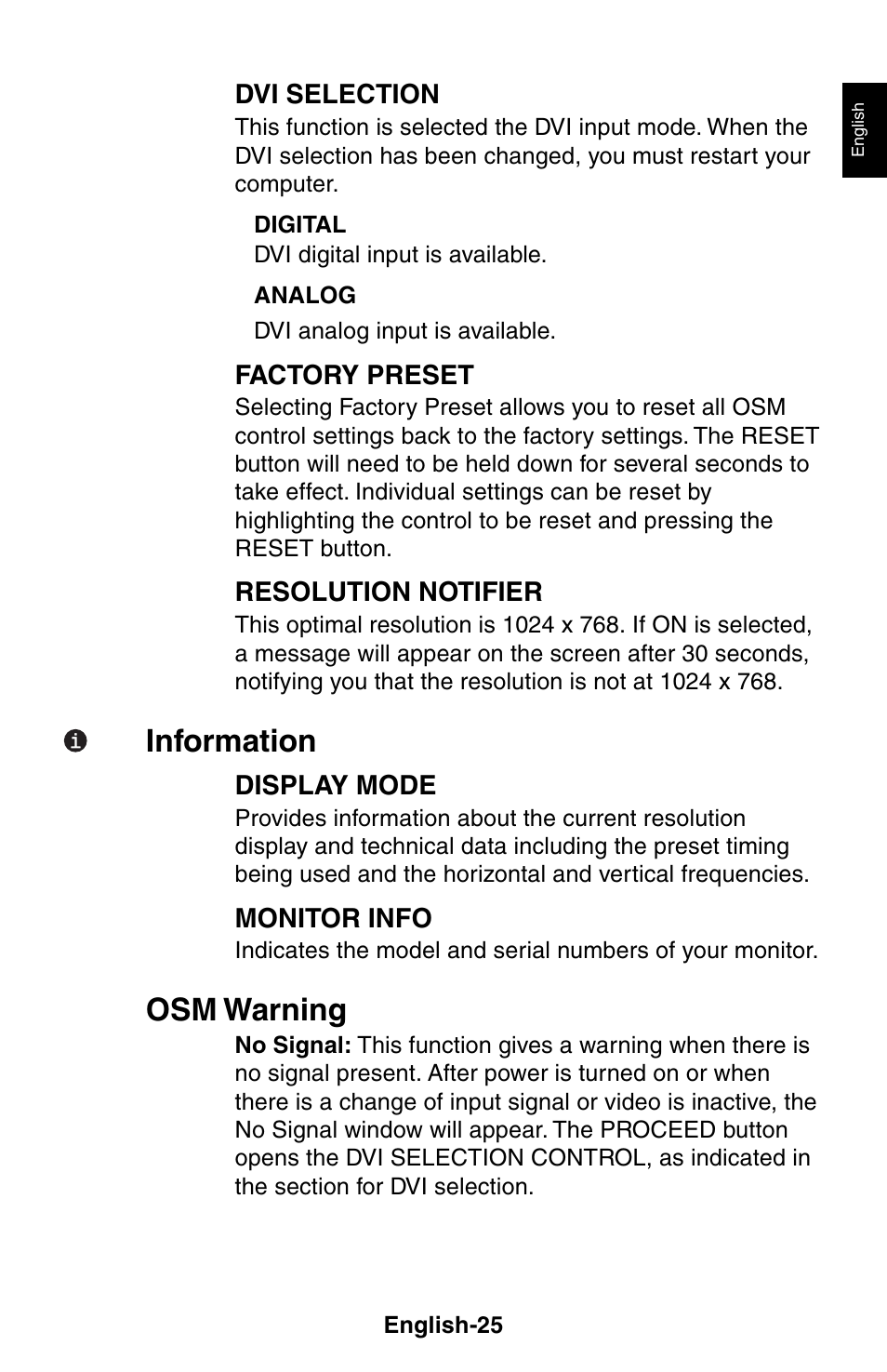 Information, Osm warning | NEC LCD1525X User Manual | Page 26 / 30