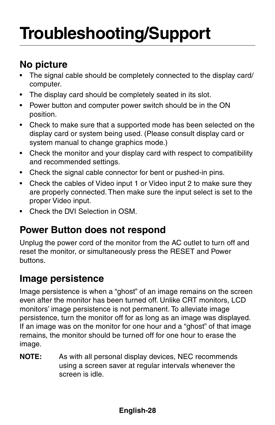 Troubleshooting/support, No picture, Power button does not respond | Image persistence | NEC LCD1525X User Manual | Page 29 / 30