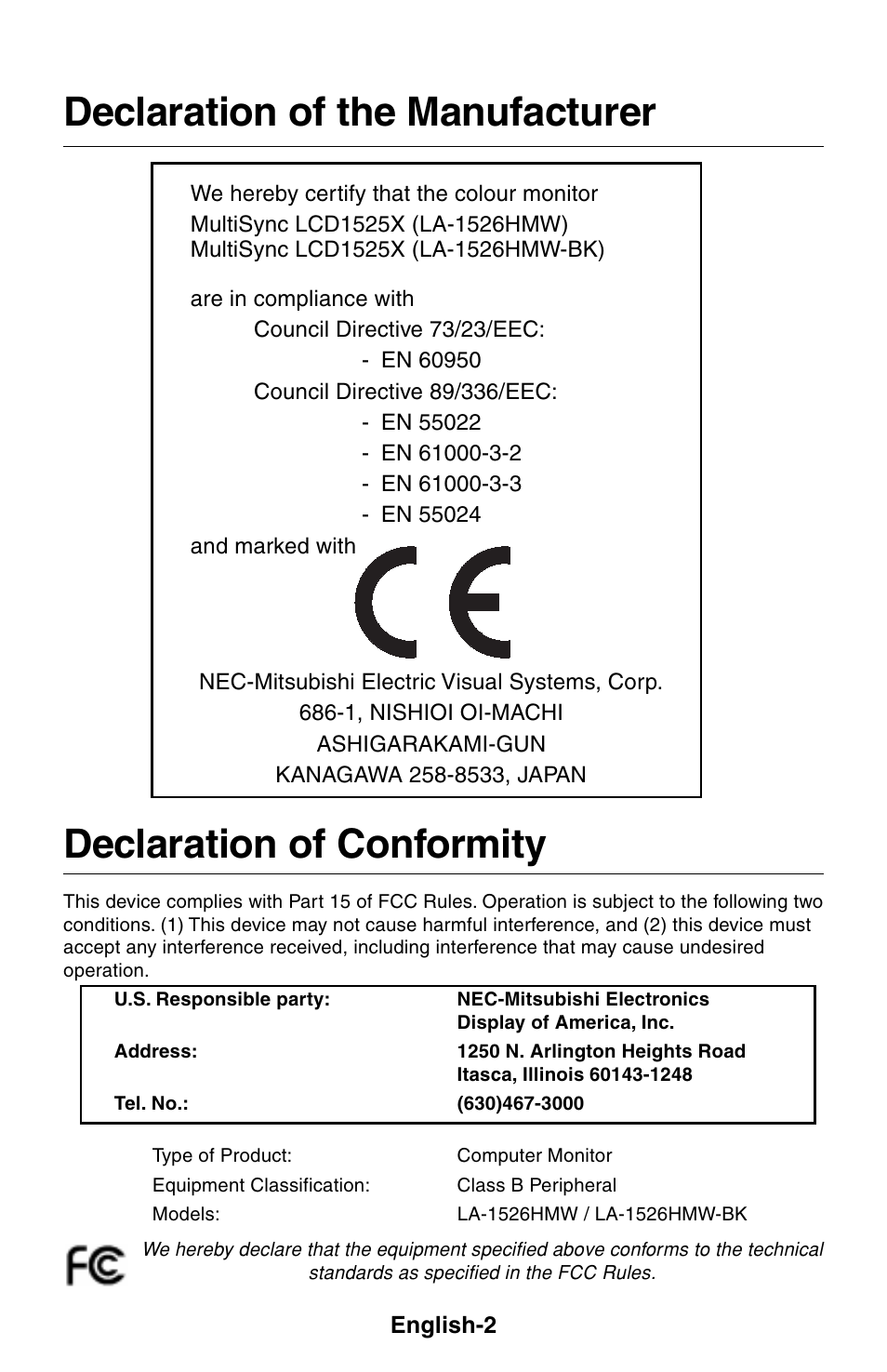 Declaration of the manufacturer, Declaration of conformity | NEC LCD1525X User Manual | Page 3 / 30