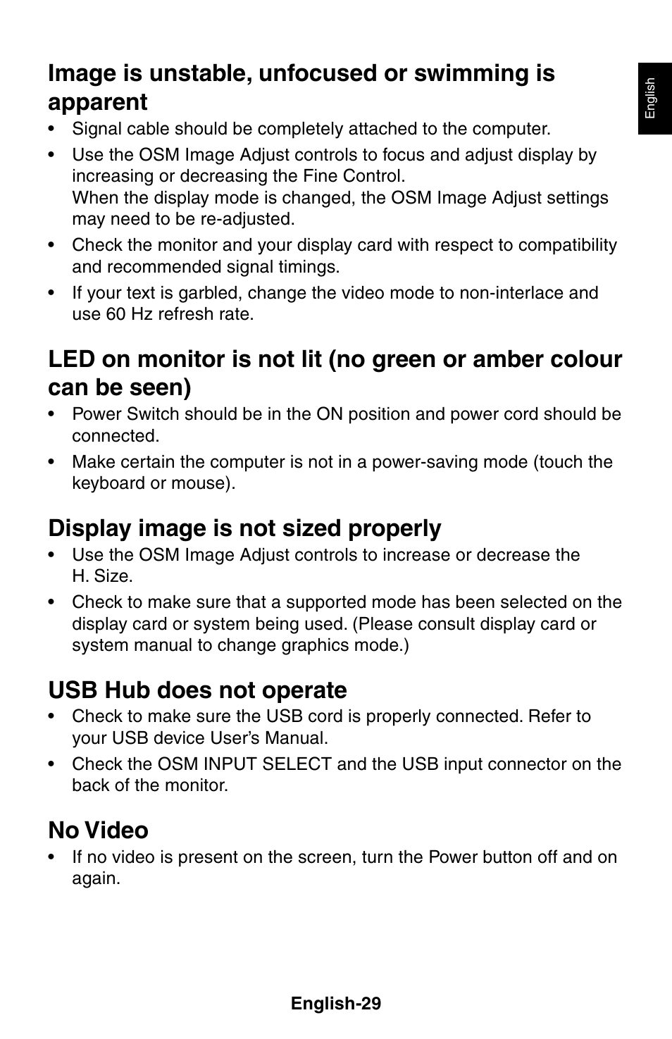 Display image is not sized properly, Usb hub does not operate, No video | NEC LCD1525X User Manual | Page 30 / 30