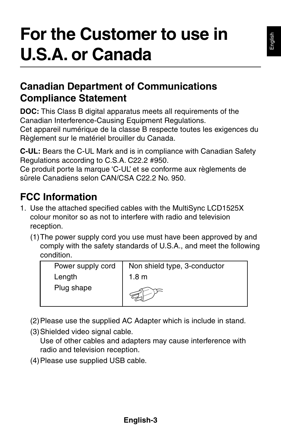 For the customer to use in u.s.a. or canada, Fcc information | NEC LCD1525X User Manual | Page 4 / 30