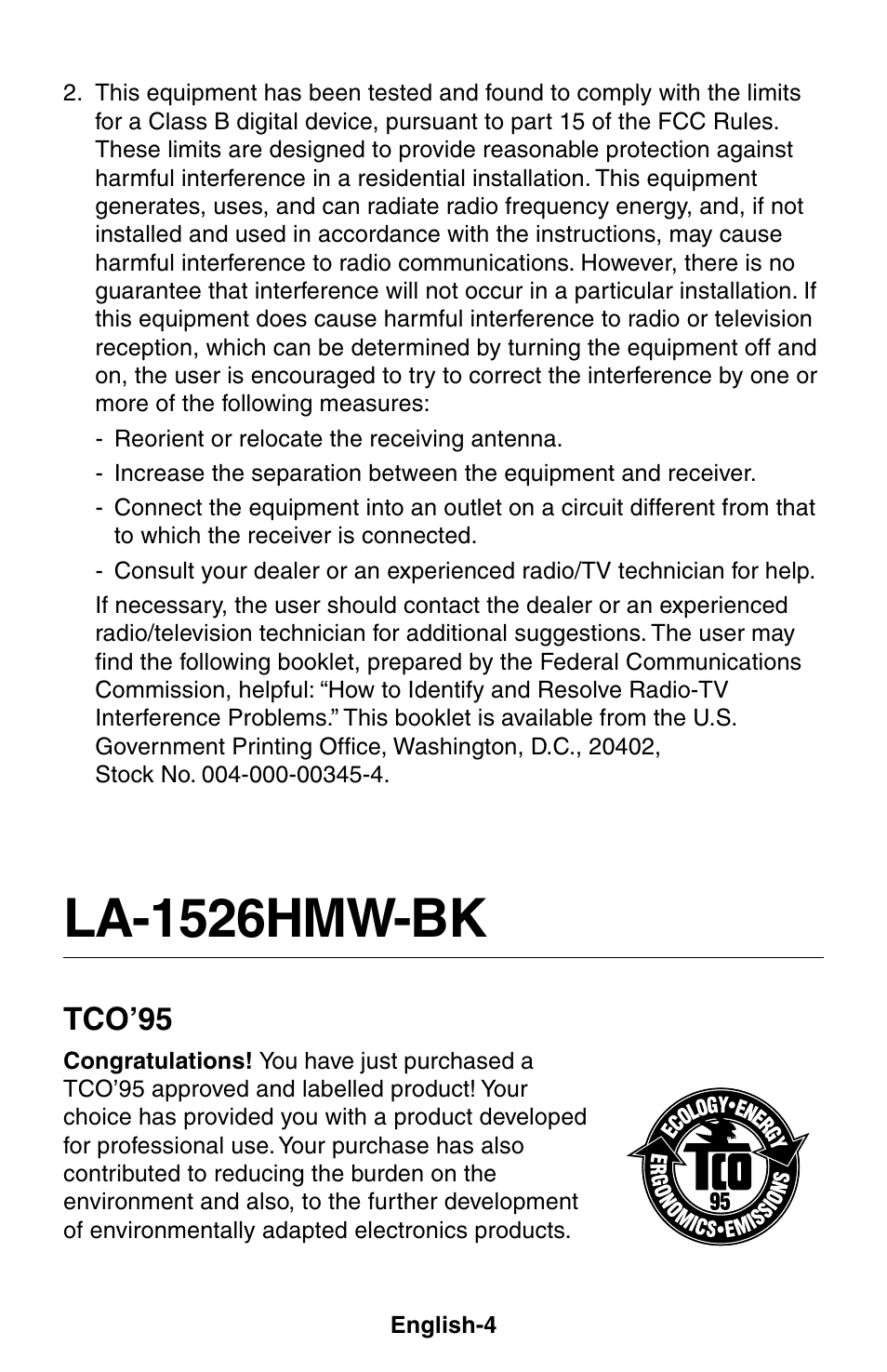 La-1526hmw-bk, Tco’95 | NEC LCD1525X User Manual | Page 5 / 30