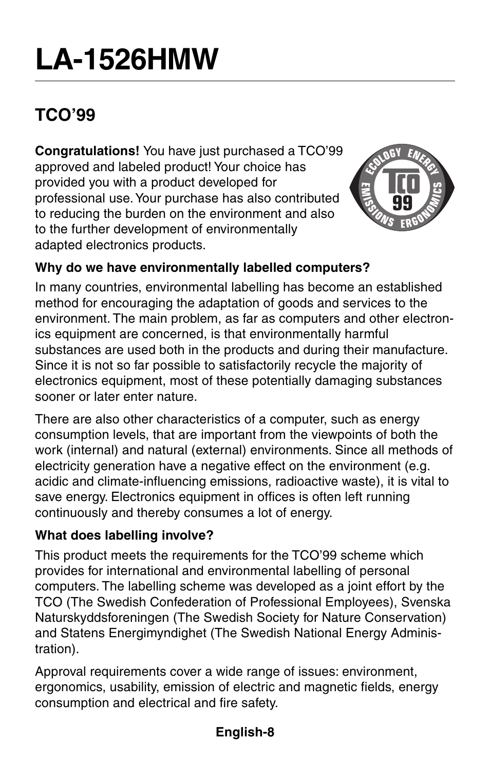 La-1526hmw, Tco’99 | NEC LCD1525X User Manual | Page 9 / 30