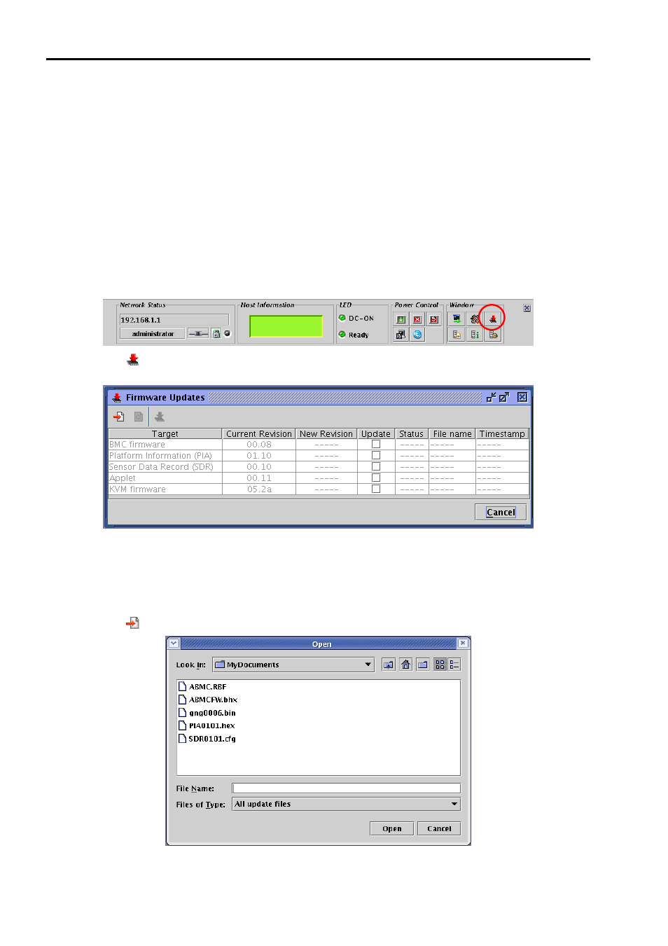 Firmware update, Starting the firmware update window, Loading update data files | NEC 140He User Manual | Page 142 / 360