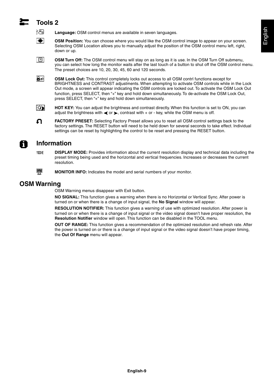 Tools 2, Information, Osm warning | English | NEC LCD1860NX User Manual | Page 10 / 16