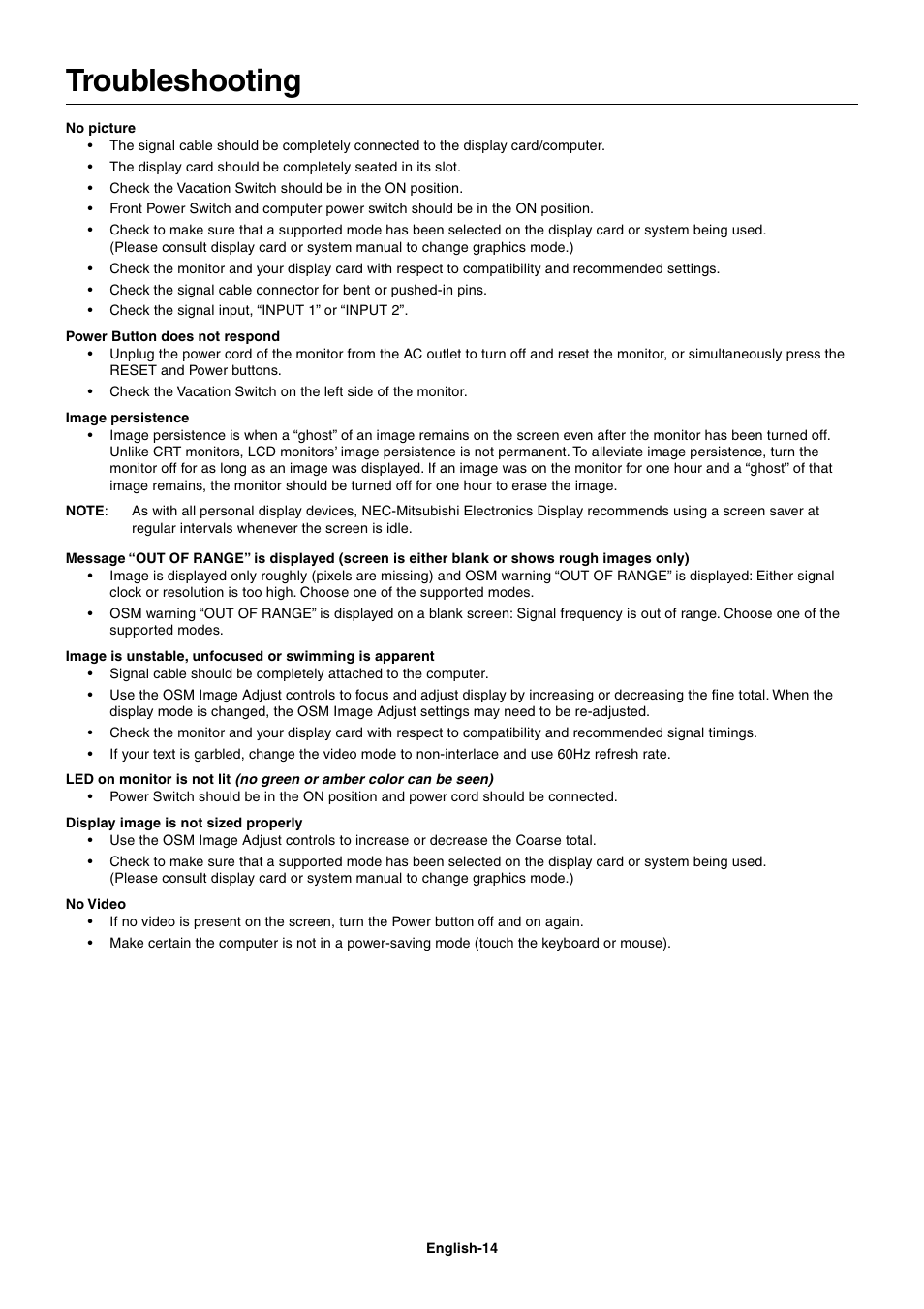 Troubleshooting | NEC LCD1860NX User Manual | Page 15 / 16