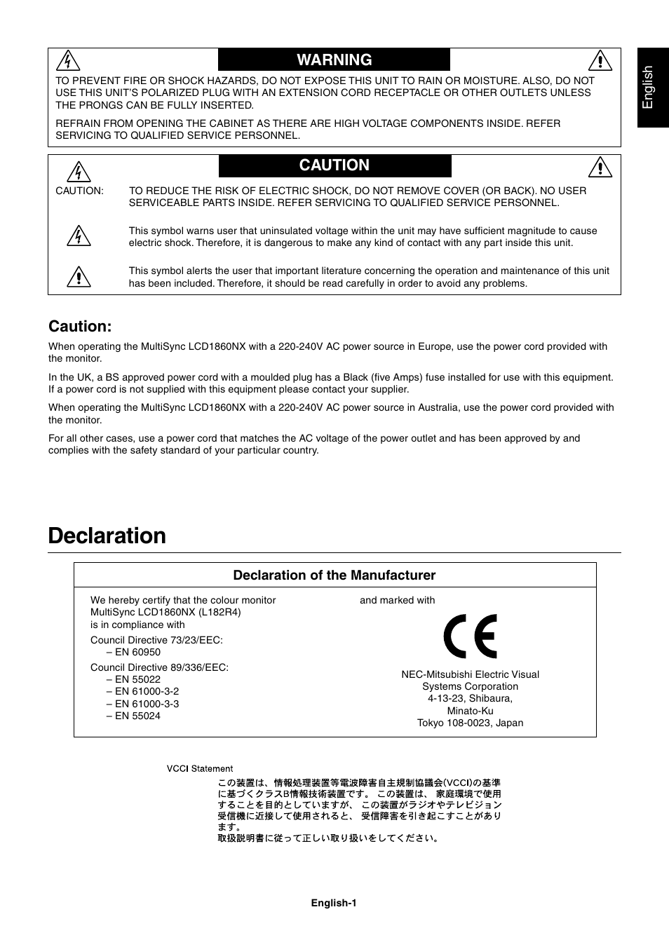 Warning, Caution, Declaration | Warning caution | NEC LCD1860NX User Manual | Page 2 / 16