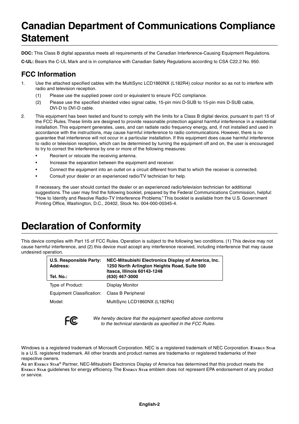 Declaration of conformity, Fcc information | NEC LCD1860NX User Manual | Page 3 / 16