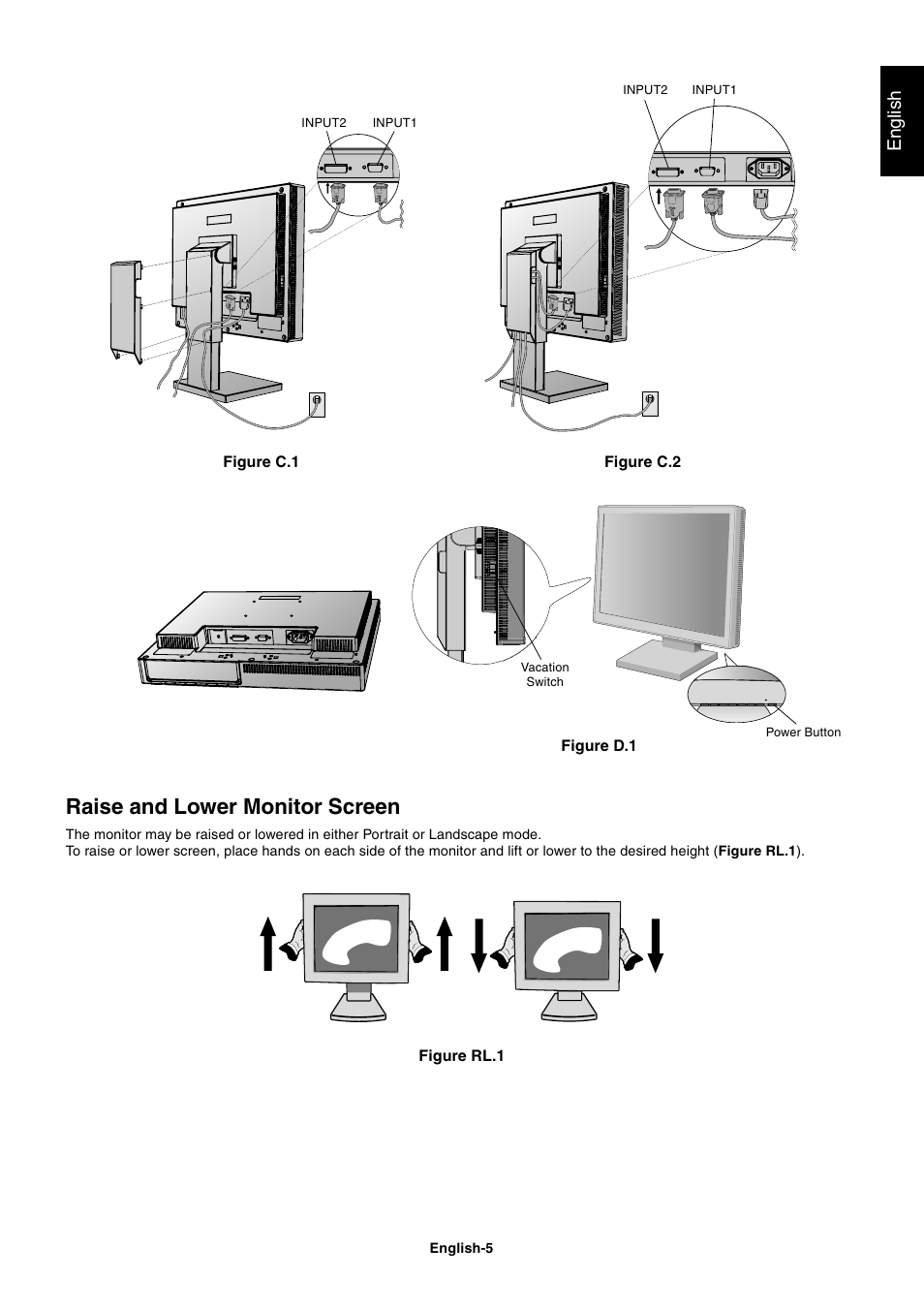Raise and lower monitor screen, English | NEC LCD1860NX User Manual | Page 6 / 16