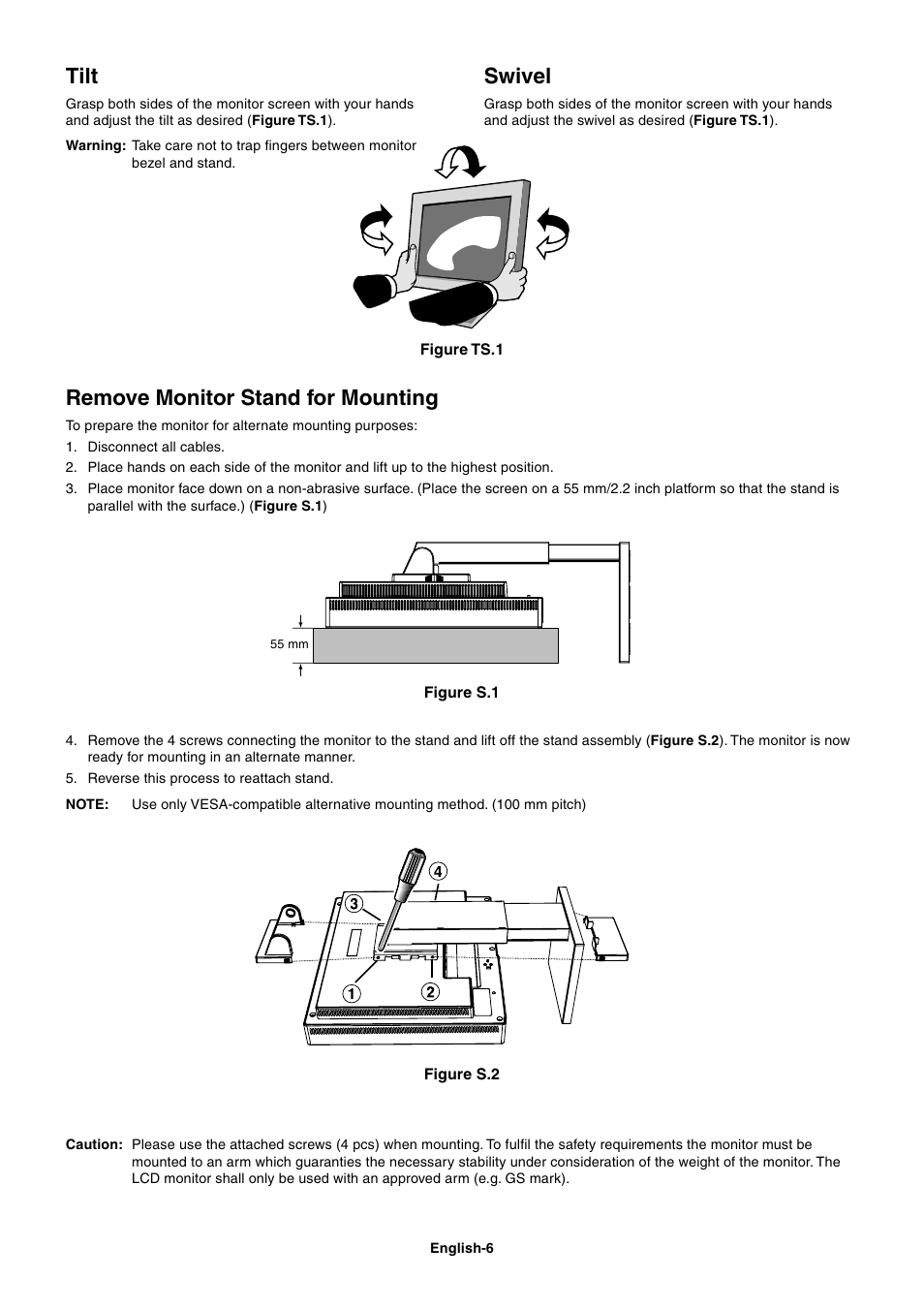 Tilt, Swivel, Remove monitor stand for mounting | NEC LCD1860NX User Manual | Page 7 / 16