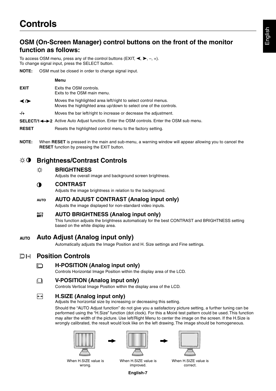 Controls, Brightness/contrast controls, Auto adjust (analog input only) | Position controls | NEC LCD1860NX User Manual | Page 8 / 16