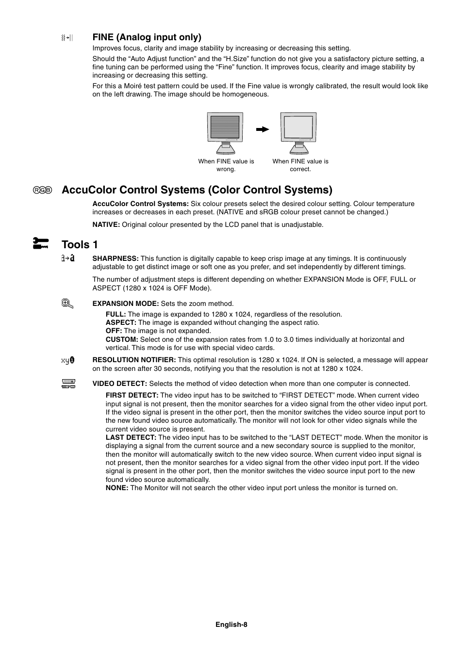 Accucolor control systems (color control systems), Tools 1, Fine (analog input only) | NEC LCD1860NX User Manual | Page 9 / 16