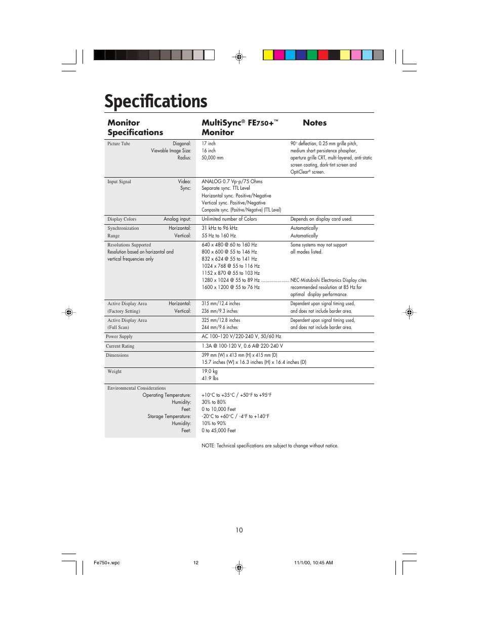 Specifications, Monitor multisync | NEC FE750 Plus User Manual | Page 12 / 60