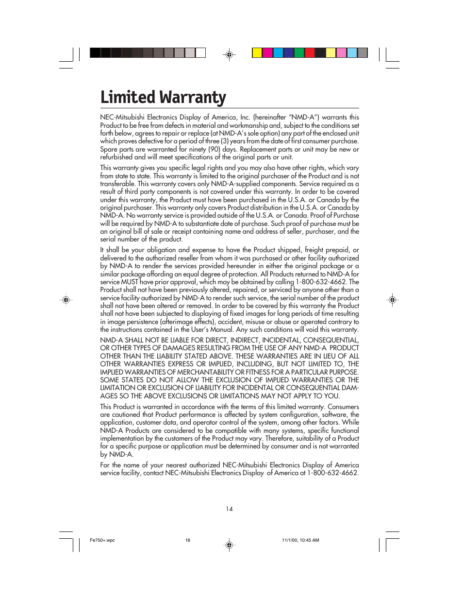 Limited warranty | NEC FE750 Plus User Manual | Page 16 / 60