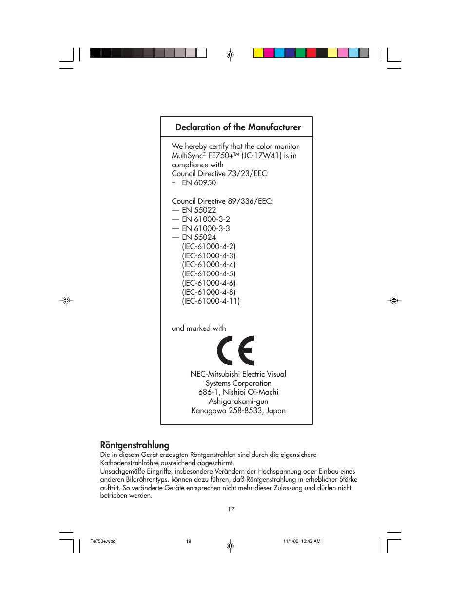 Declaration of the manufacturer, Röntgenstrahlung | NEC FE750 Plus User Manual | Page 19 / 60