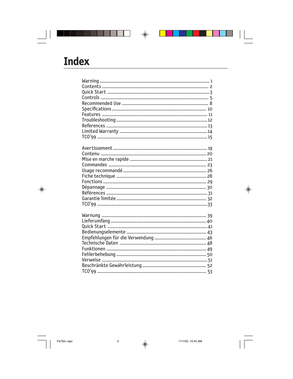 Index | NEC FE750 Plus User Manual | Page 2 / 60