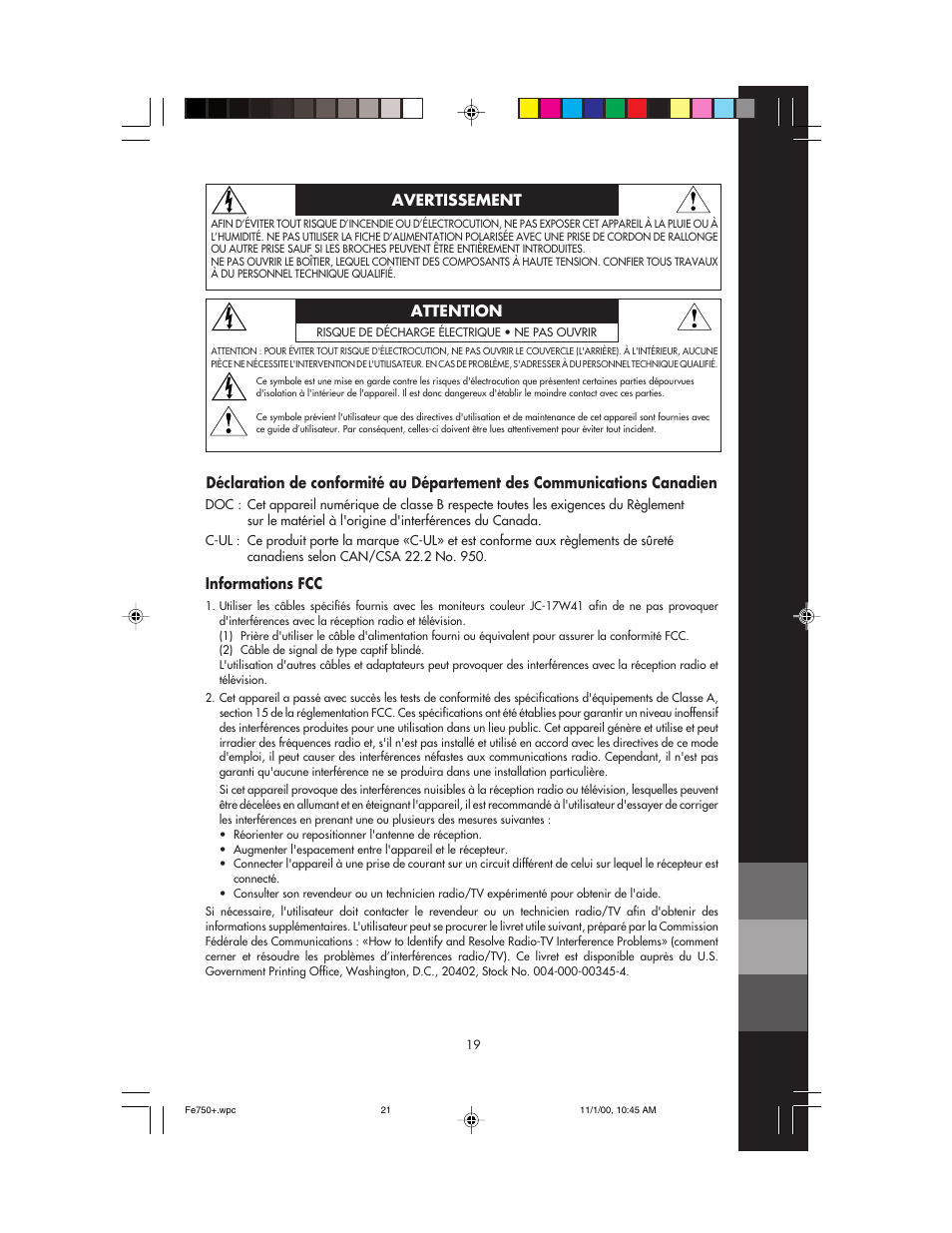 Informations fcc, Avertissement attention | NEC FE750 Plus User Manual | Page 21 / 60