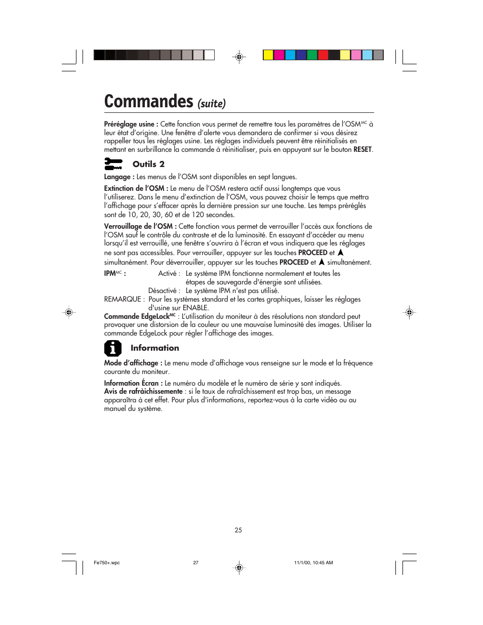 Commandes, Suite) | NEC FE750 Plus User Manual | Page 27 / 60