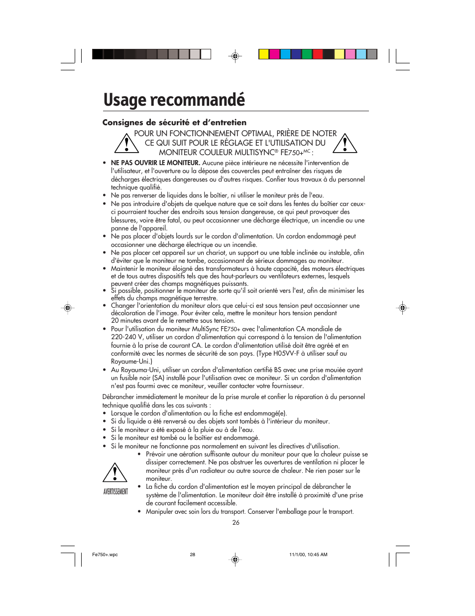 Usage recommandé | NEC FE750 Plus User Manual | Page 28 / 60