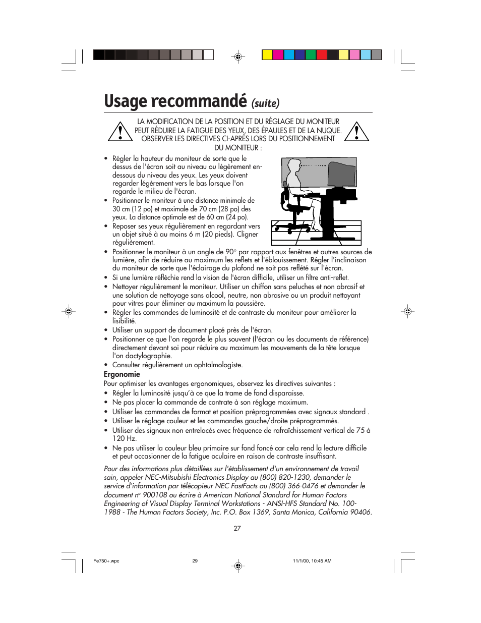 Usage recommandé, Suite) | NEC FE750 Plus User Manual | Page 29 / 60