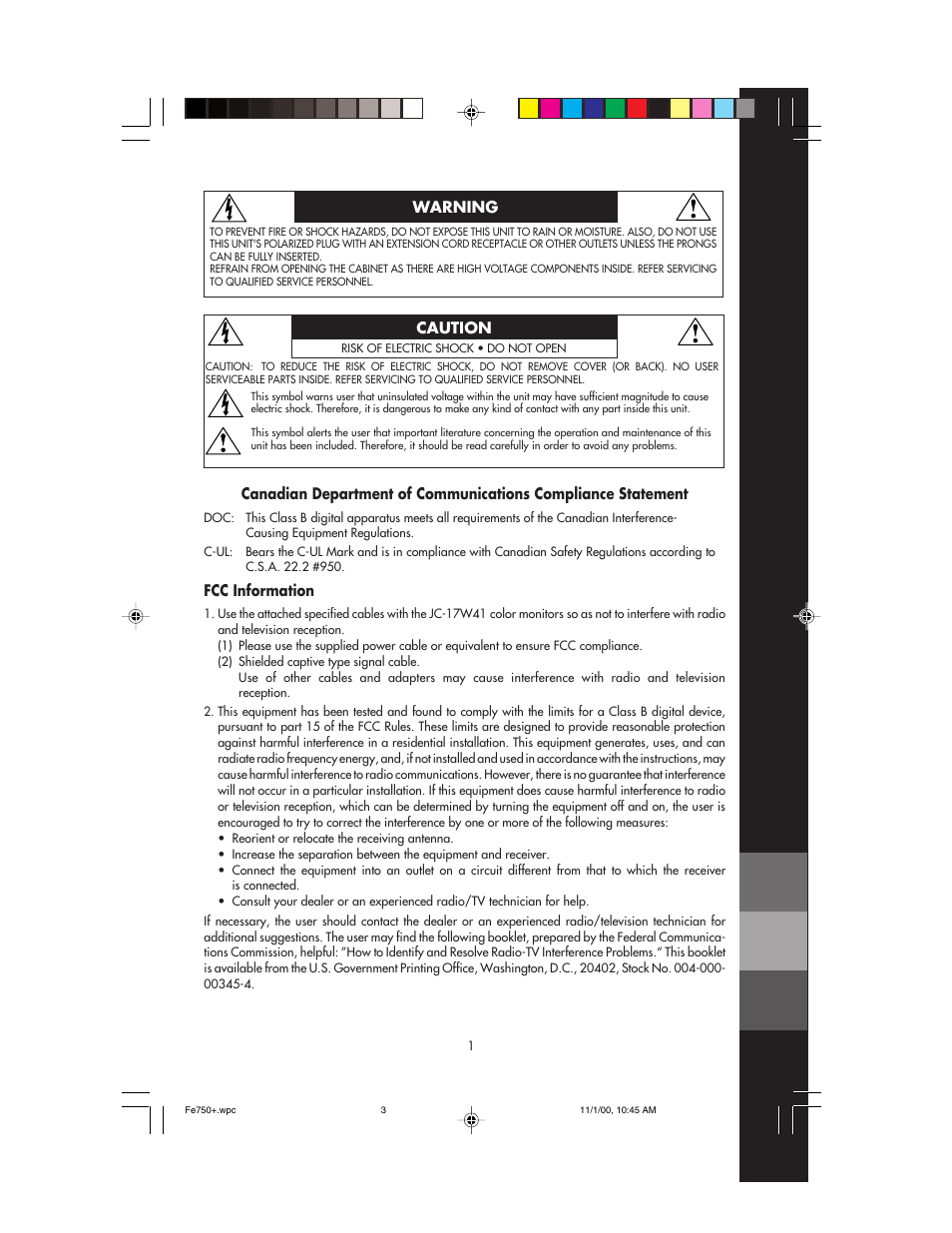 Fcc information, Warning caution | NEC FE750 Plus User Manual | Page 3 / 60