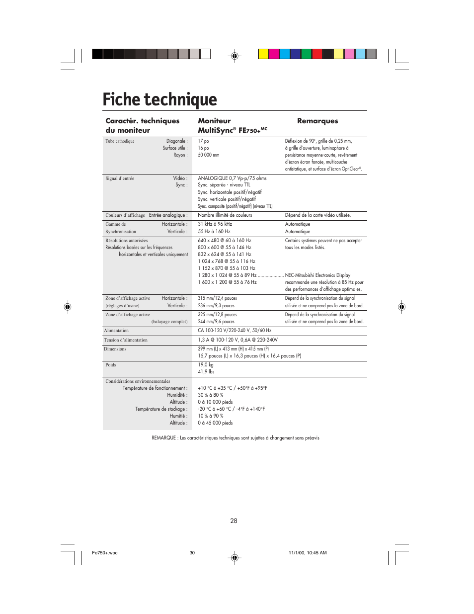 Fiche technique | NEC FE750 Plus User Manual | Page 30 / 60