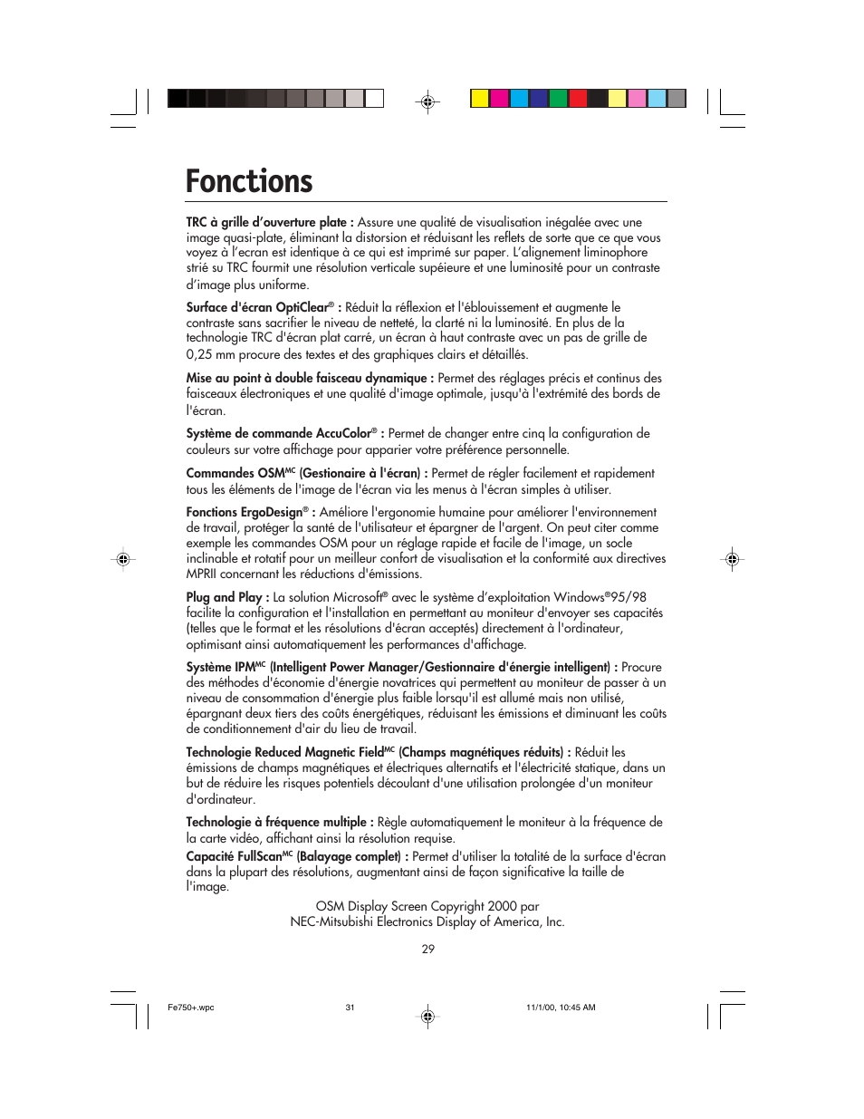 Fonctions | NEC FE750 Plus User Manual | Page 31 / 60