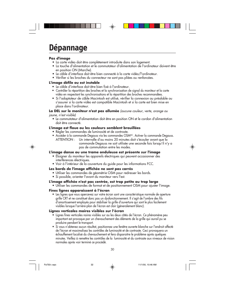 Dépannage | NEC FE750 Plus User Manual | Page 32 / 60