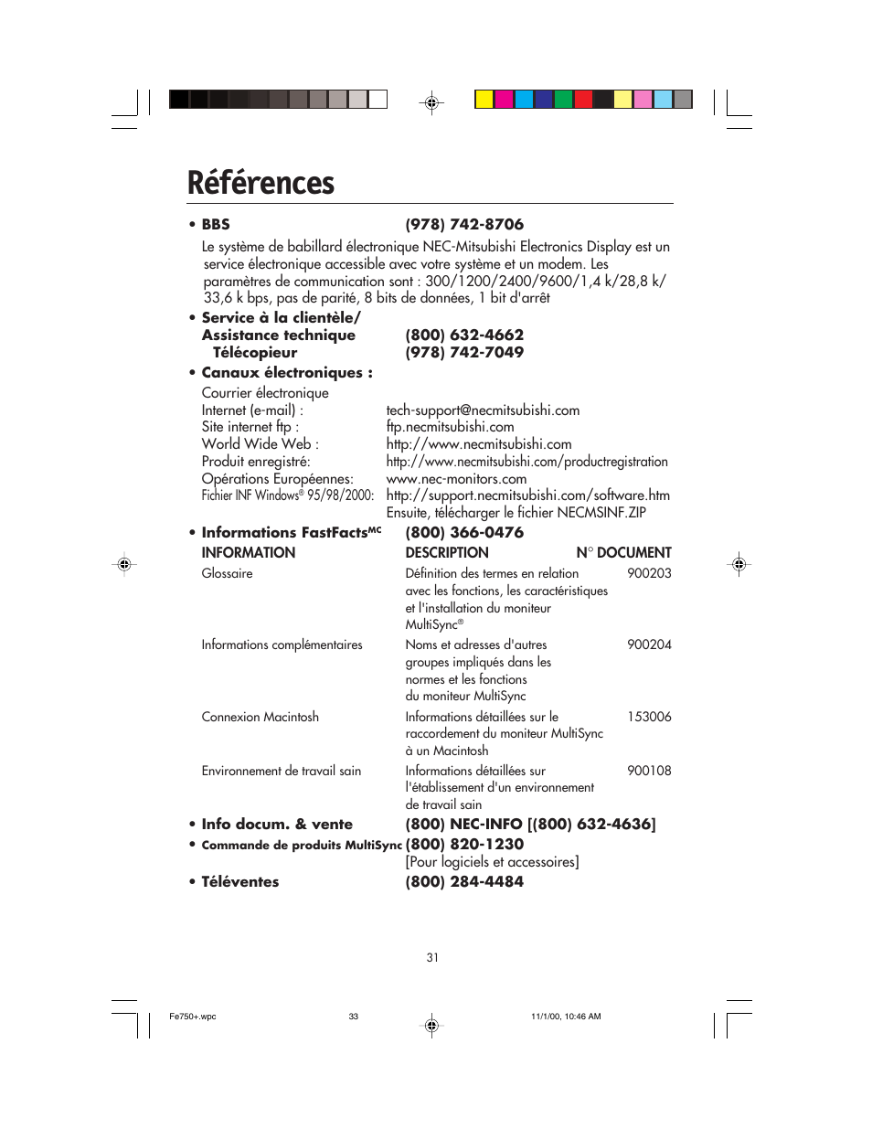 Références | NEC FE750 Plus User Manual | Page 33 / 60